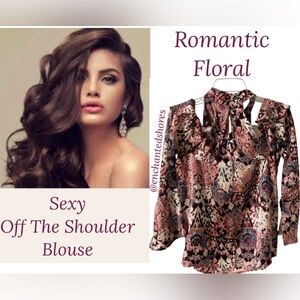 Romantic Floral Ruffle Bare Shoulder Blouse Cold Shoulder Belle Sky Size Small